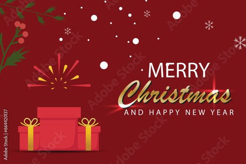 Vector Banner merry Christmas red background with winter, Gift, natal ornament, polaroid template design templates