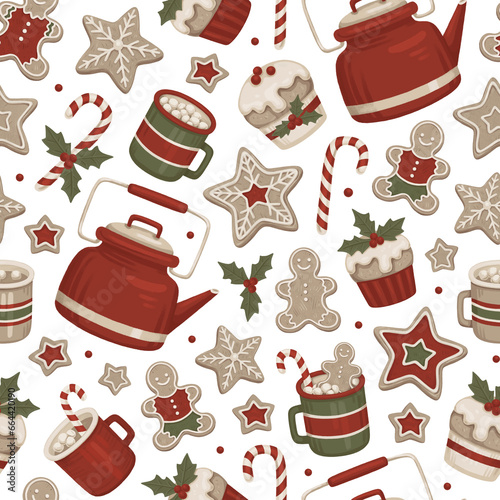 Seamless pattern. Gingerbread cookies, Christmas dessers and drinks. Perfect for wrapping paper, packaging design, seasonal home textile, greeting cards and other printed goods