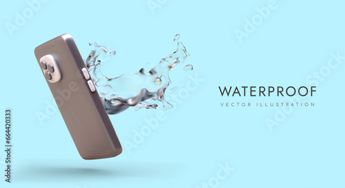 3d realistic smartphone and splash of liquid. Concept of waterproof protection for modern gadgets. Vector illustration with place for text and blue background