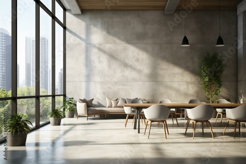 Contemporary coworking space with concrete interior, furniture, city view, natural light, and a blank wall. Representing a corporate environment. Generative AI