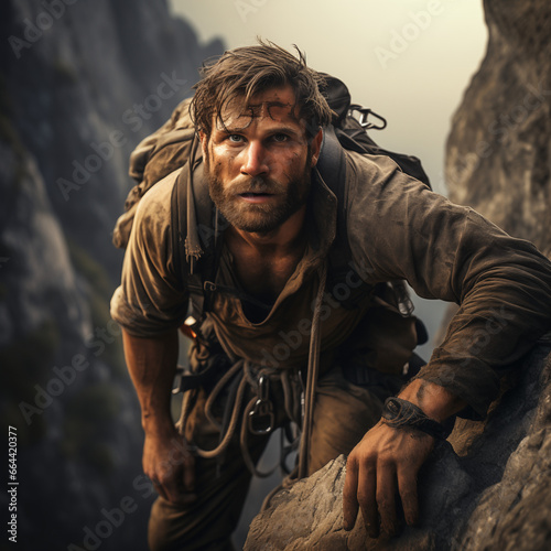 man with backpack in the mountains ROCK CLIMBING ADVENTURE, a rock climber scaling a challenging cliff face, rugged wilderness backdrop, a close-up capturing the climber