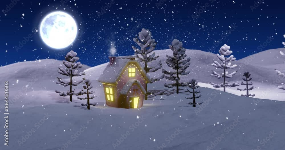Animation of winter scenery with house over snow falling background Animation of winter scenery with house over snow falling background
