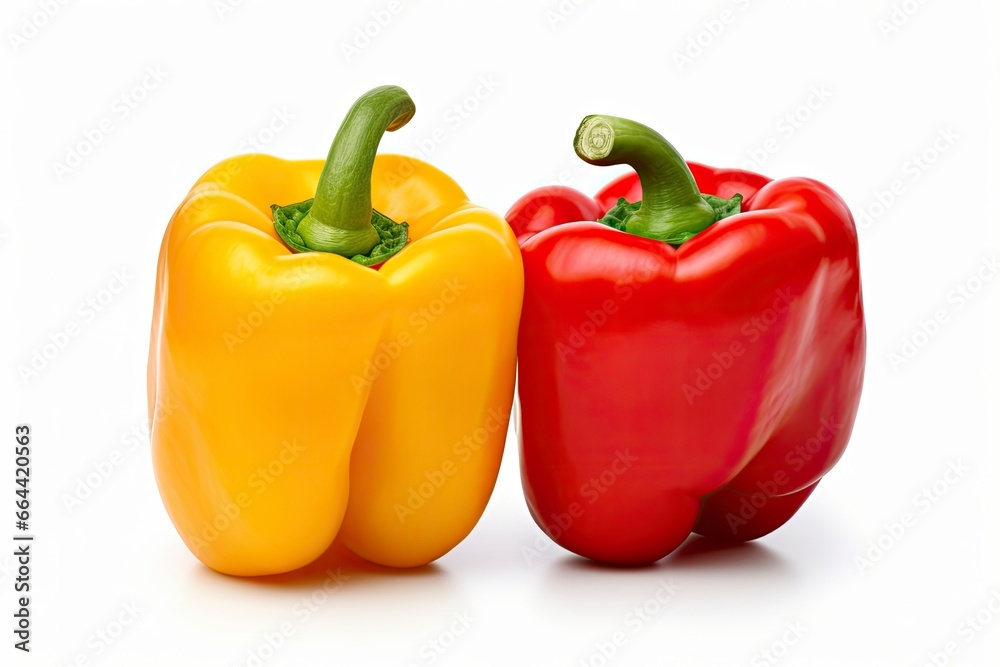 Two bell peppers, a red and a yellow isolated on white background. Two bell peppers, a red and a yellow isolated on white background.