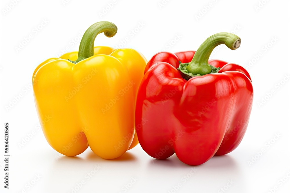 Two bell peppers, a red and a yellow isolated on white background. Two bell peppers, a red and a yellow isolated on white background.