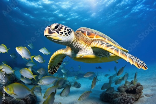 Turtle closeup with school of fish.