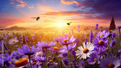 bee and butterfly on wild field floral sunny field meadow  daisies  cornflowers lavender  poppy flowers and old village on horison at summer morning  sunset sky