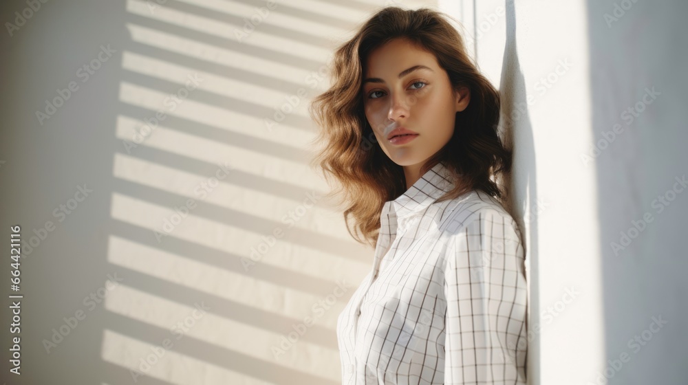European woman in a checkered shirt and white pants European woman in a checkered shirt and white pants