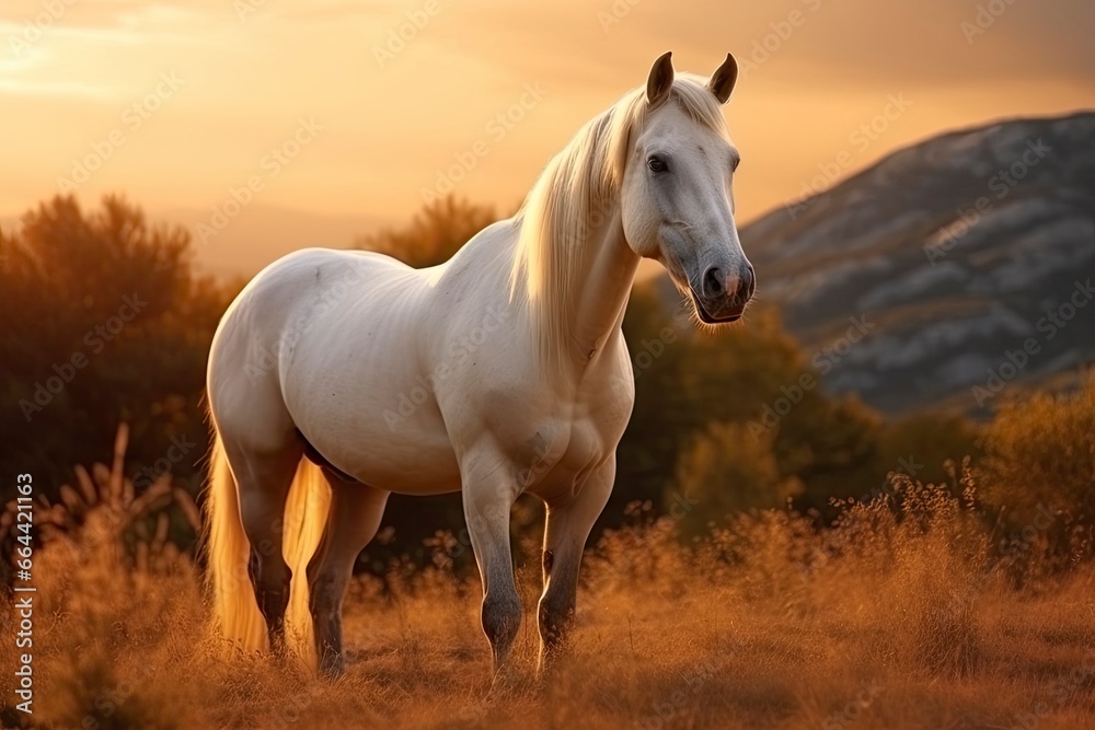 White horse or mare in the mountains at sunset. White horse or mare in the mountains at sunset.