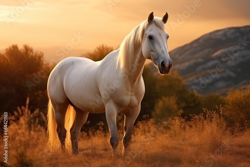 White horse or mare in the mountains at sunset. © Dibos