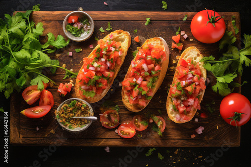 Overhead view of delicious bruschetta and ingredients