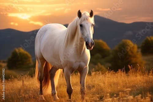 White horse or mare in the mountains at sunset.