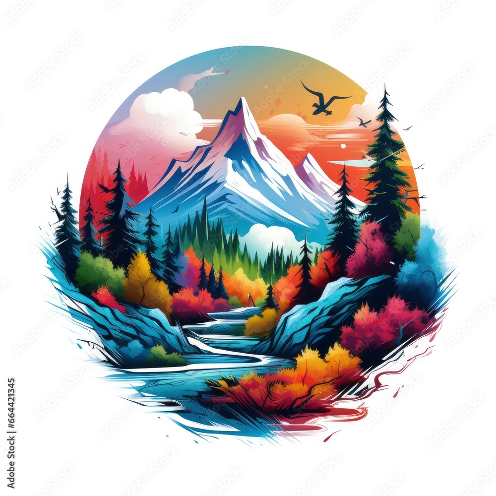 Vibrant colors wilderness hiking scene for t-shirt.