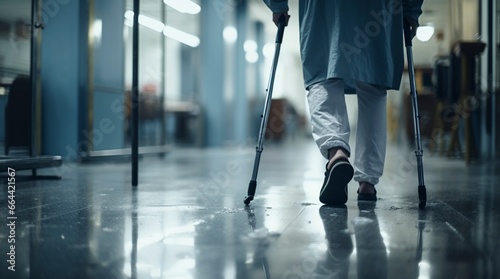 persona caminando con muletas en un hospital photo
