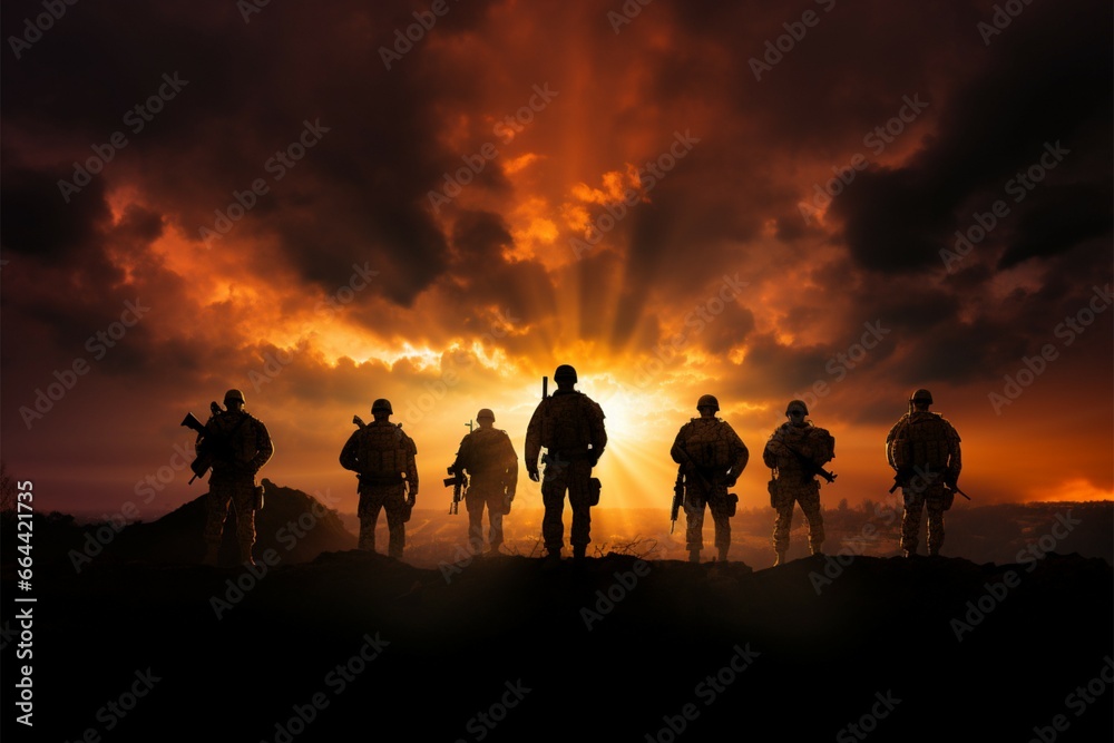 A powerful backdrop frames the commanding presence of soldiers silhouettes