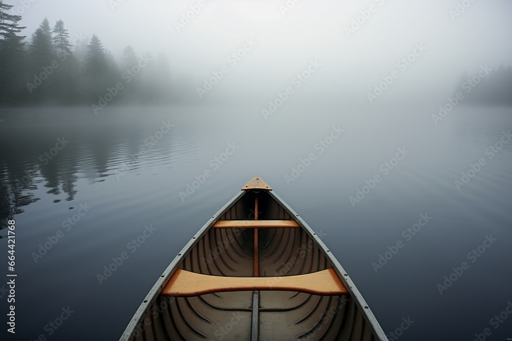 Canoe on calm and foggy lake