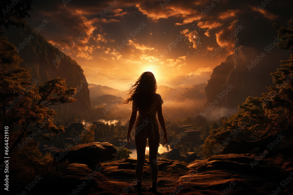 Fototapeta premium Young woman with long hair fluttering in the wind at sunset the sun in the field with her back