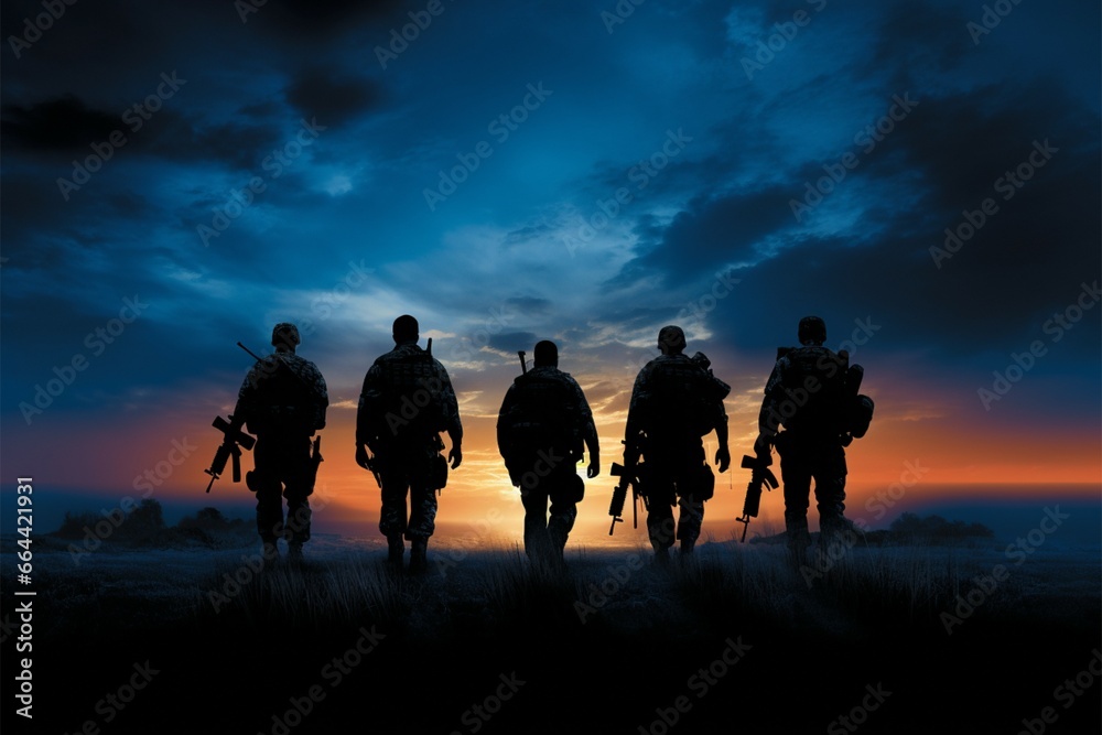 A quartet of soldiers in silhouette portrays a strong, cohesive unit