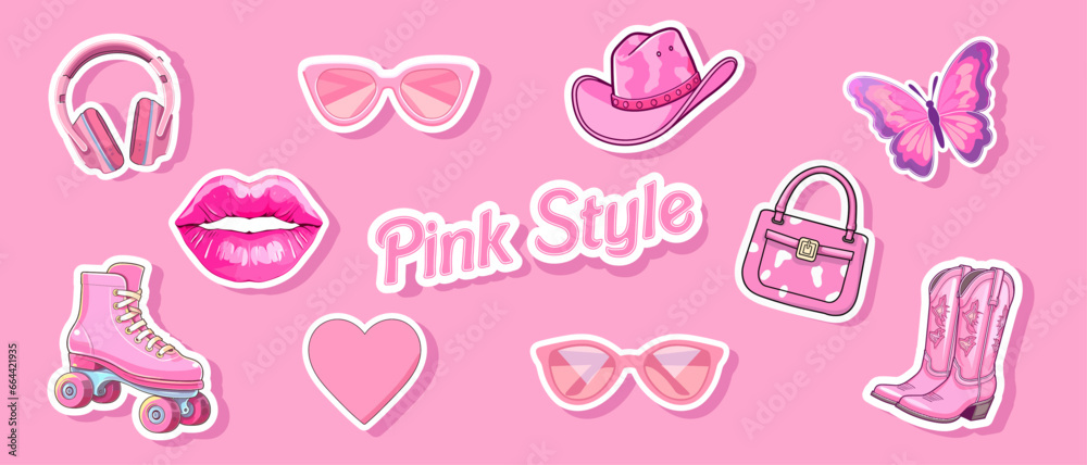 Set Female pink cowboy hat isolated illustration girl wears hat boots. Wild west theme. Vector Western illustration for party poster or stickers. Girl power, glamour cowgirl pink style barbiecore - obrazy, fototapety, plakaty 