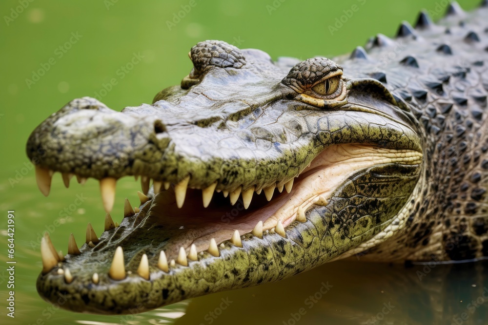 Fototapeta premium Crocodile with its mouth wide open with a green lake in the green background.