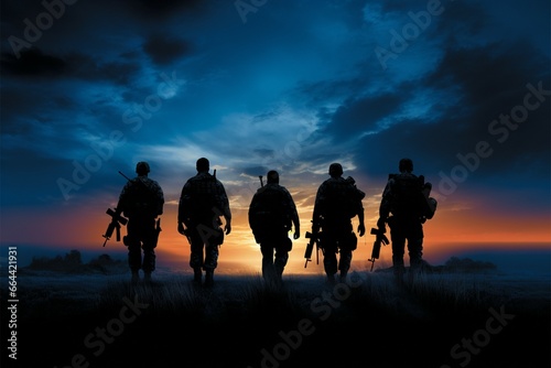 A quartet of soldiers in silhouette portrays a strong, cohesive unit