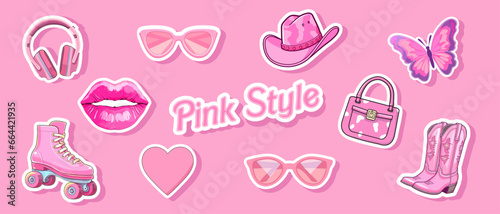 Set Female pink cowboy hat isolated illustration girl wears boots. Wild west theme. Vector Western illustration for party poster or stickers. Girl power, glamour cowgirl pink style barbiecore barbie