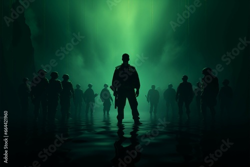 A shadowy military presence stands out against the dark green gradient