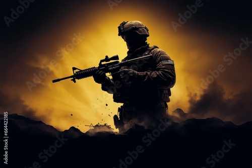 A soldiers silhouette in striking white, bearing a prominent rifle