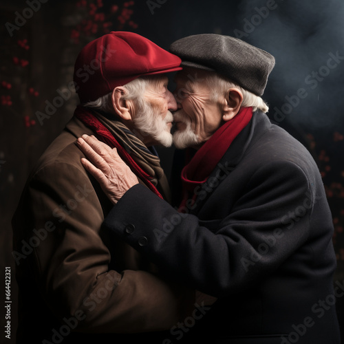 A Winter's Embrace: Two Well-Bundled 80-Year-Old Men Sharing a Loving Kiss.