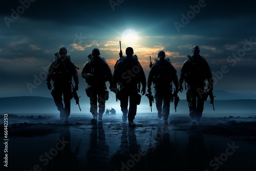 A unified military squad in silhouette displays unwavering determination © Muhammad Ishaq
