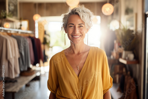 Beautiful elegant owner or manager in a women's clothing and accessories store. Middle aged woman with elegant short haircut greets customers. Successful small business in beauty and fashion industry.