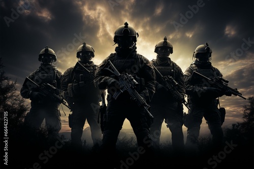 Airsoft enthusiasts silhouettes form a united front, ready for action photo