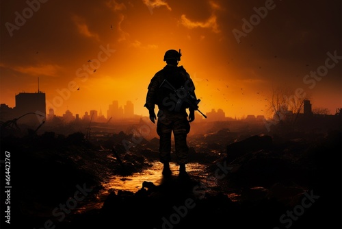 Amidst the tumult of war, a solitary soldiers silhouette stands