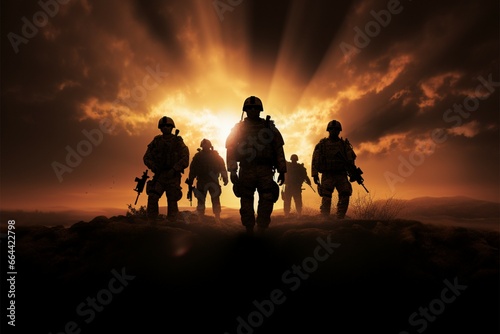 An awe inspiring, photorealistic depiction of a silhouetted soldier team