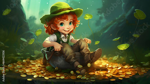 Young leprechaun, traditional Irish character, with a pile of golden coins treasure