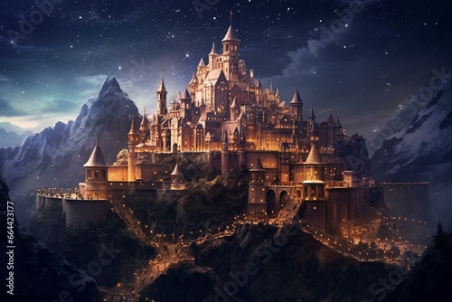 A enchanting castle nestled in a mystical cave, aglow with warm radiance amidst a starry night, evoking a fantastical ambiance. Generative AI photo