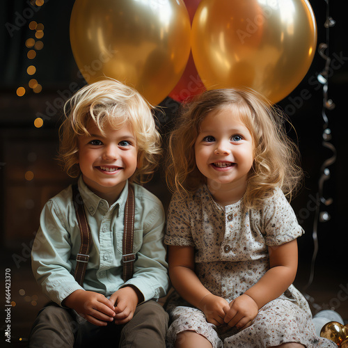 Boy and girl in the living room surrounded by balloons 