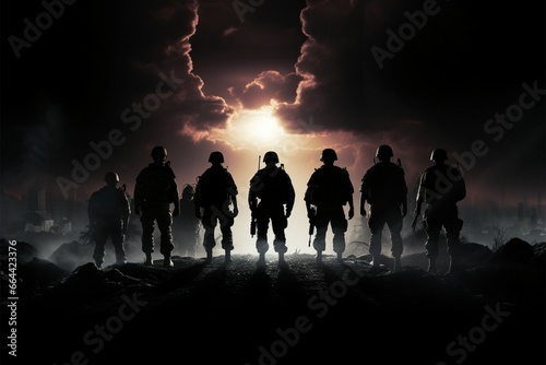 Army silhouette on a dark canvas, powerful and enigmatic