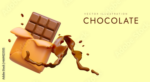 Realistic chocolate bar in wrapper, chocolate splash. Vector illustration in cartoon style. Hot drinking chocolate, glaze. Advertising concept on yellow background