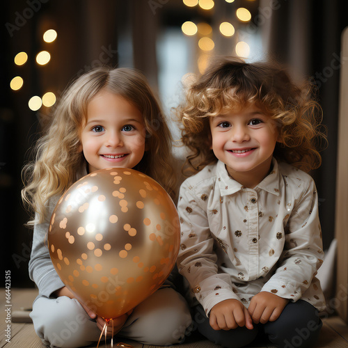 Boy and girl in the living room surrounded by balloons and presents