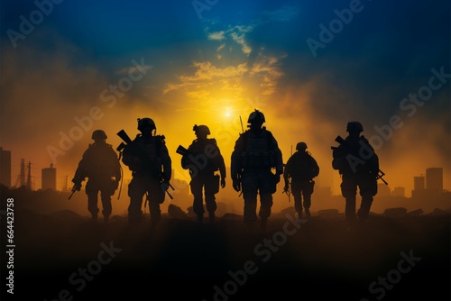 Army soldier silhouettes in twilight, symbolizing duty as Defenders of Dusk