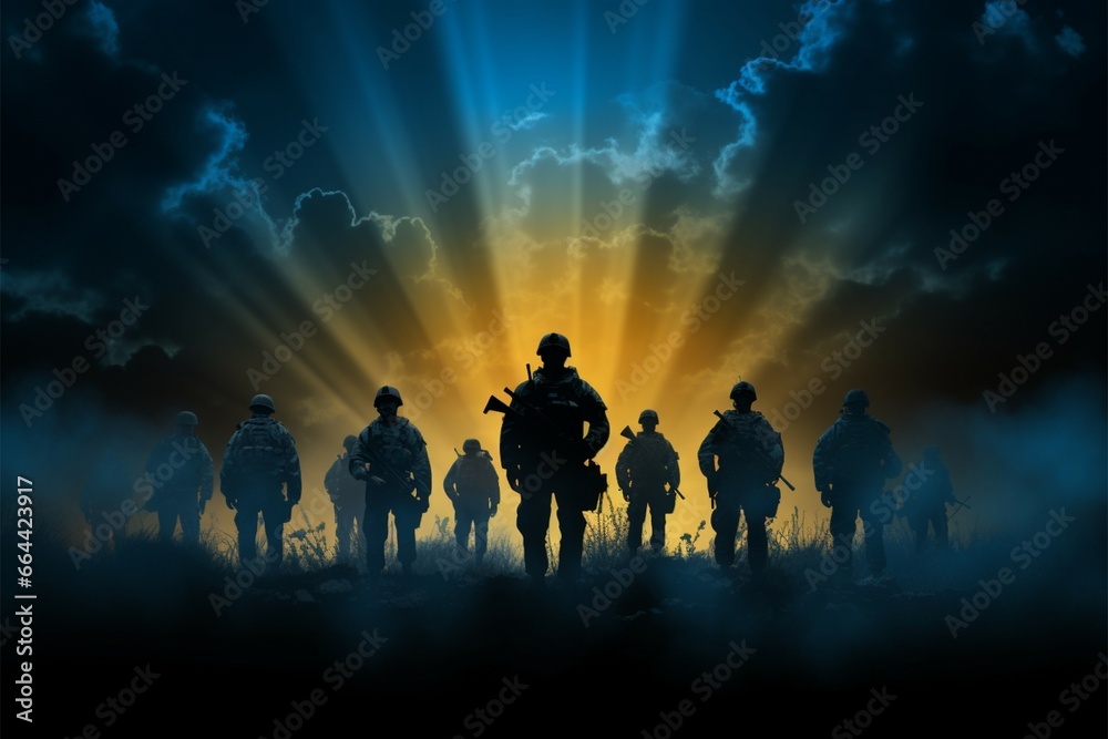 Army soldier silhouettes stand as symbols of courage, Brave in the Dark Army soldier silhouettes stand as symbols of courage, Brave in the Dark