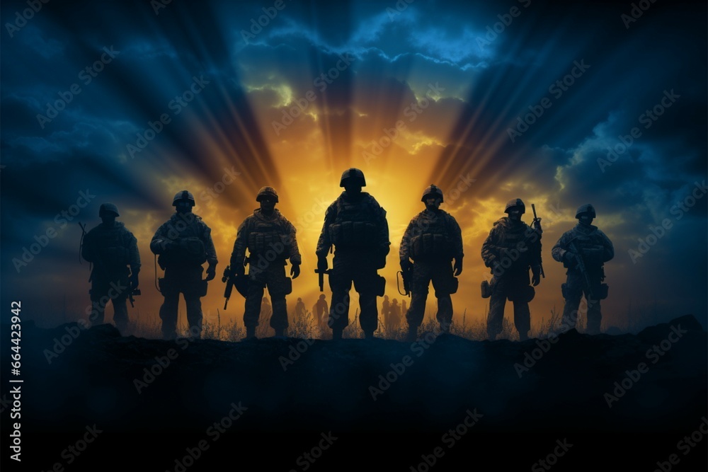 Army soldier silhouettes stand as symbols of courage, Brave in the Dark