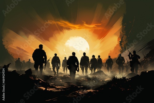 Artistic rendition captures present day soldiers engaged in intense, real world action