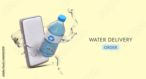 Water delivery. Realistic plastic bottle, smartphone, splash of transparent liquid. Advertisement with illustration, button, place for title. Application for ordering bottled purified water