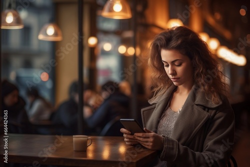 Happy female student sitting in a coffee shop, using a smartphone