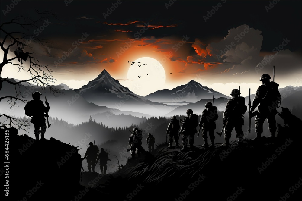 Fototapeta premium Brave silhouettes of the Chinese Eighth Route Army in wartime