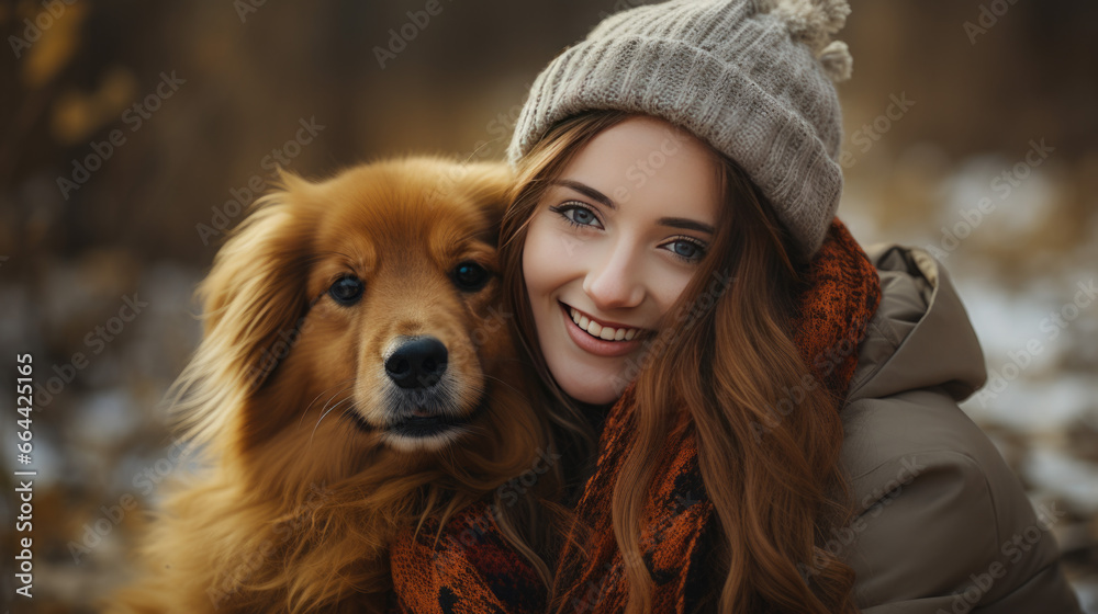A young woman in autumn cuddles with her dog