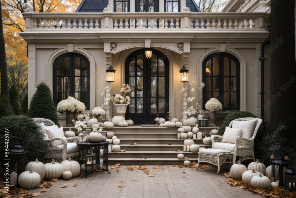 Fabulous sleek home with autumn decoration pumpkins, wheat and flowers. Halloween and autumn arrangements on house entrance and exterior.