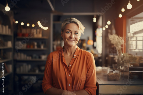 Beautiful elegant owner or manager in a women's perfume and body care store. Middle aged woman with elegant short haircut greets customers. Successful small business in beauty and fashion industry. photo