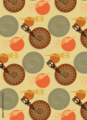 Seamless pattern with curcles and scissors the beige background.